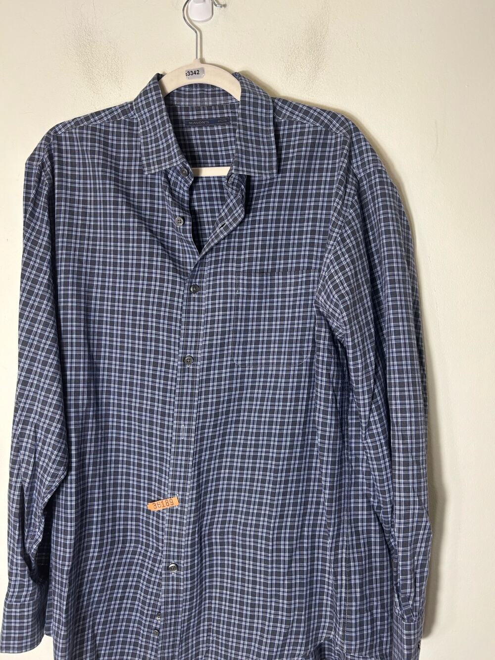 Men's Mason's Blue Gray Black Medium Plaid Long Sleeve Button Down Sz L